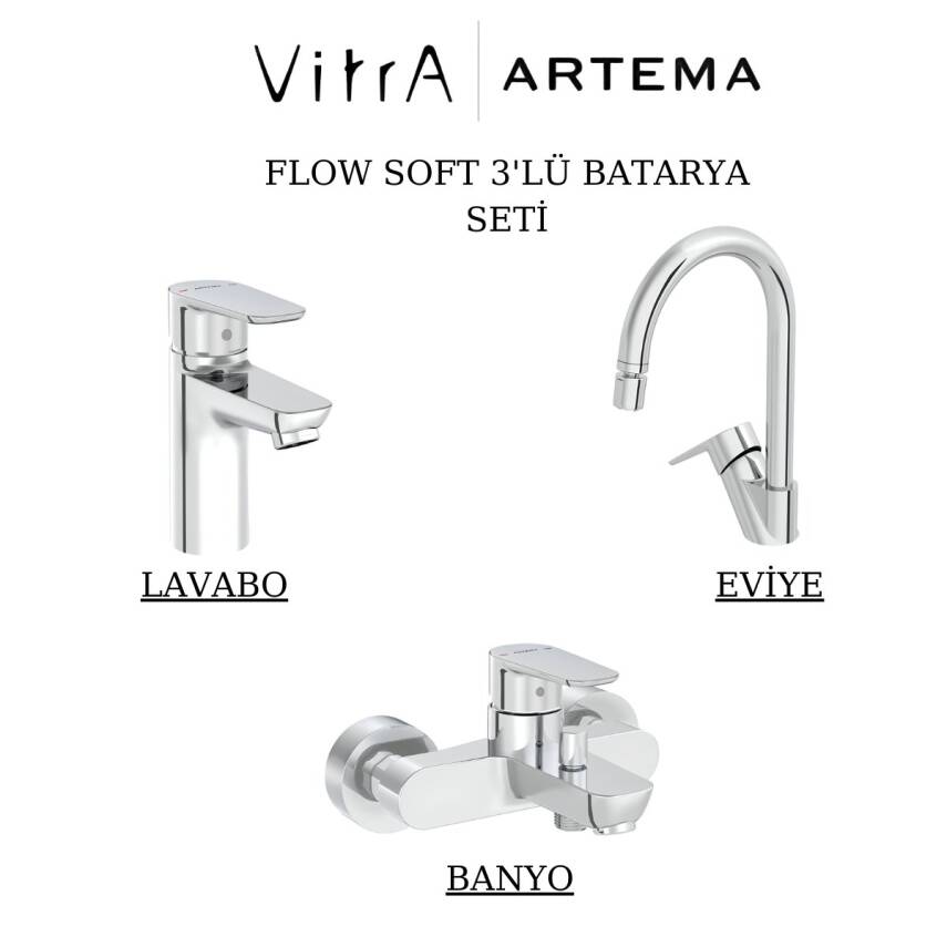 Artema Flow Soft Krom Lavabo-Banyo-Eviye Bataryası 3'lü Set A42988-A42946-A43404 - 1