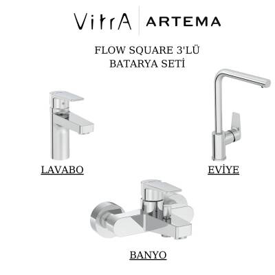 Artema Flow Square Krom Lavabo-Banyo-Eviye Bataryası 3'lü Set A43044-A43063-A43396