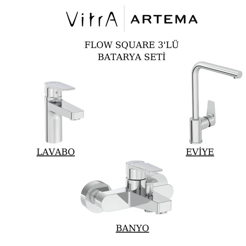 Artema Flow Square Krom Lavabo-Banyo-Eviye Bataryası 3'lü Set A43044-A43063-A43396 - 1