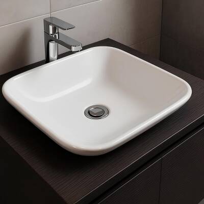 Bien Harmony Kare Tezgâh Üstü Batarya Deliksiz Beyaz Lavabo 43x43 Cm