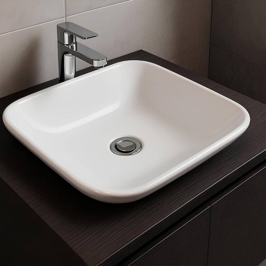 Bien Harmony Kare Tezgâh Üstü Batarya Deliksiz Beyaz Lavabo 43x43 Cm - 1