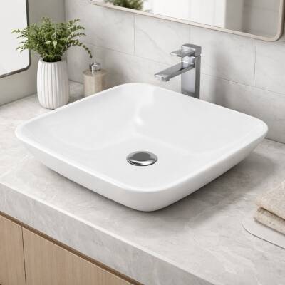 Bien Harmony Kare Tezgâh Üstü Batarya Deliksiz Beyaz Lavabo 43x43 Cm - 2