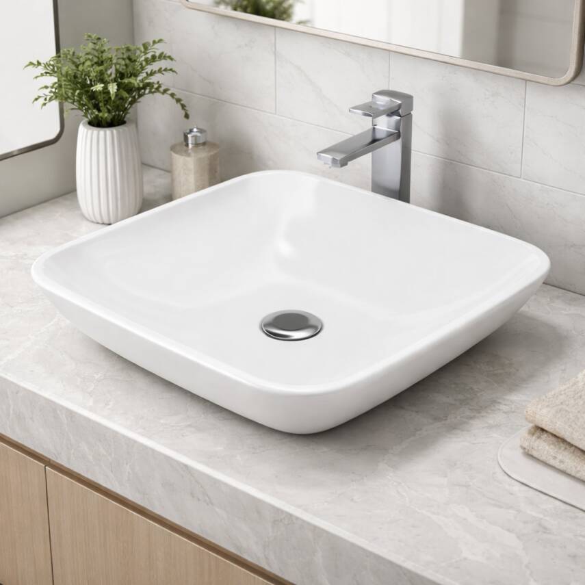 Bien Harmony Kare Tezgâh Üstü Batarya Deliksiz Beyaz Lavabo 43x43 Cm - 2