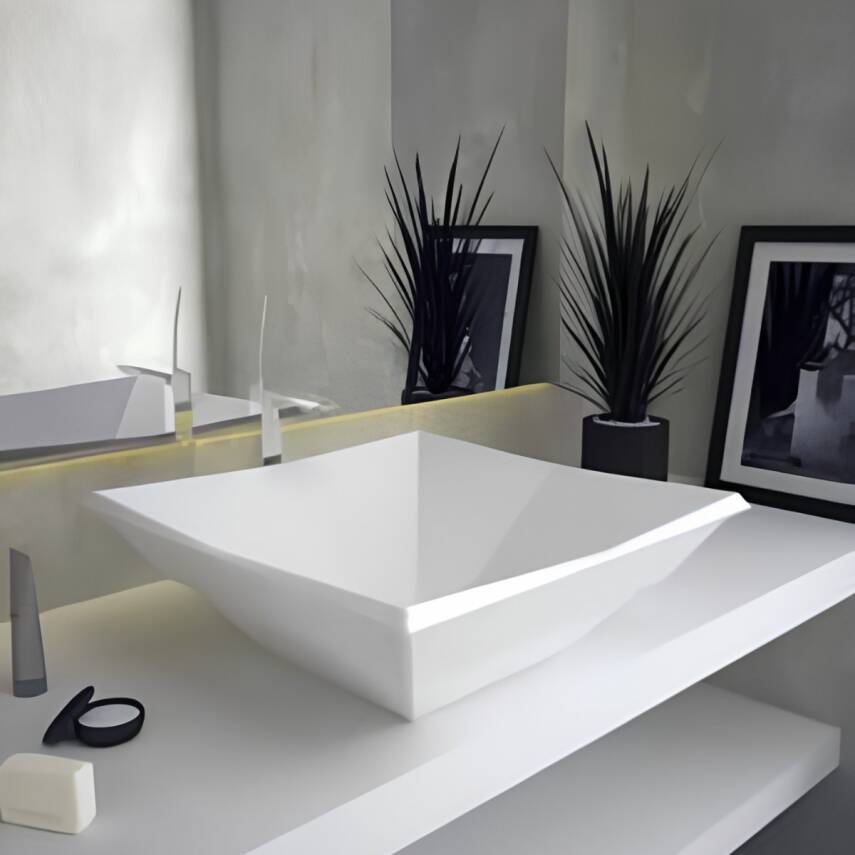 Bien Kristal Tezgah Üstü Batarya Deliksiz Beyaz Kare Lavabo 41x41 Cm - 1