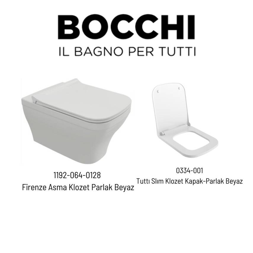 Bocchi Firenze Kanallı Beyaz Asma Klozet 1192-064-0128, Bocchi Duroplast Yavaş Kapak - 1