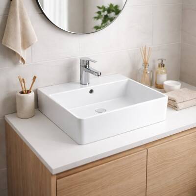 Bocchi Milano Tezgâh Üstü Batarya Delikli Parlak Beyaz Kare Lavabo 50x45 Cm 1216-062-0126