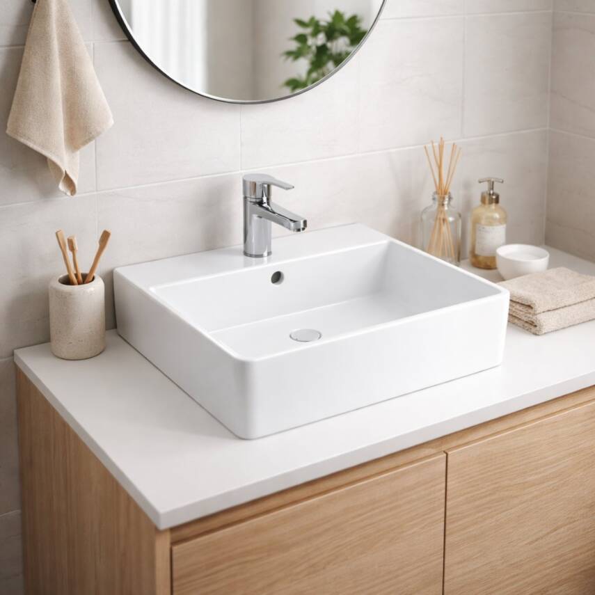 Bocchi Milano Tezgâh Üstü Batarya Delikli Parlak Beyaz Kare Lavabo 50x45 Cm 1216-062-0126 - 1