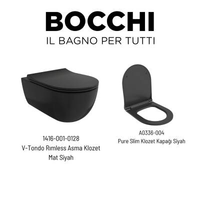 Bocchi V-Tondo Kanalsız Siyah Asma Klozet 1416-004-0128, Bocchi Siyah Duroplast Yavaş Kapak