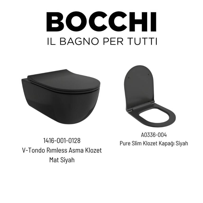 Bocchi V-Tondo Kanalsız Siyah Asma Klozet 1416-004-0128, Bocchi Siyah Duroplast Yavaş Kapak - 1