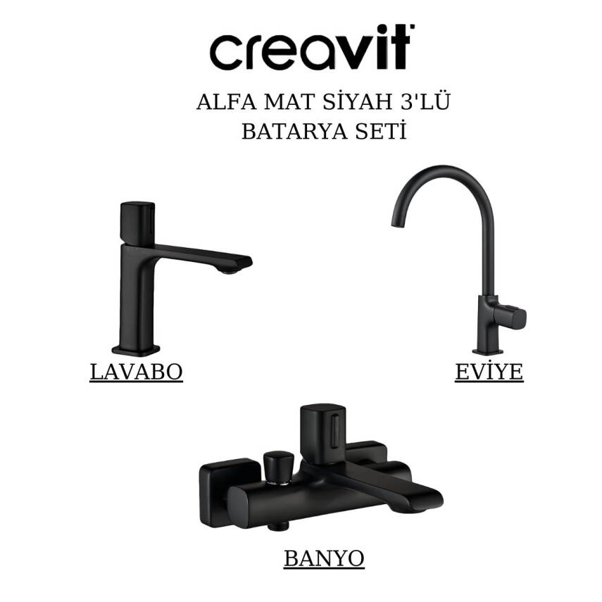 Creavit Alfa Mat Siyah Lavabo-Banyo-Eviye Bataryası 3'lü Set AL1500S-AL2500S-AL8500S - 1