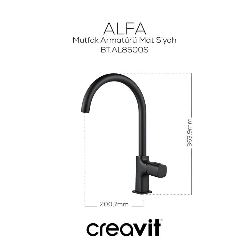Creavit Alfa Mat Siyah Lavabo-Banyo-Eviye Bataryası 3'lü Set AL1500S-AL2500S-AL8500S - 6