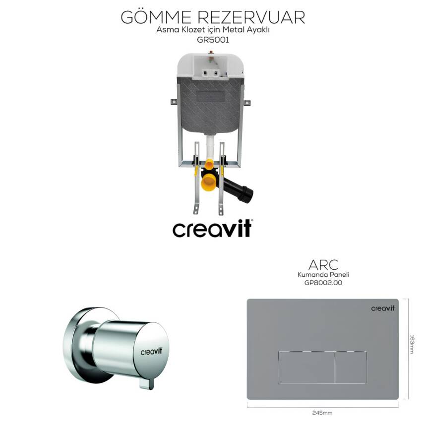 Creavit Arc Mat Gri Gömme Rezervuar Seti Asma Klozet Uyumlu 8 Cm 3/6 Litre GR5001-GP8002-MS.AC50L - 1