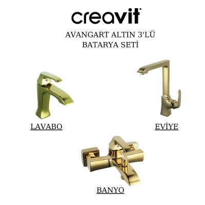 Creavit Avangart Altın Lavabo-Banyo-Eviye Bataryası 3'lü Set AG1500G-AG2500G-AG8500G