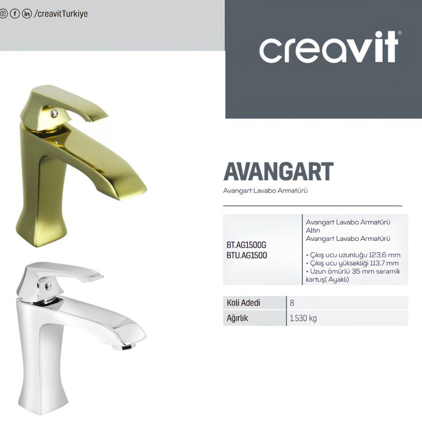 Creavit Avangart Altın Lavabo-Banyo-Eviye Bataryası 3'lü Set AG1500G-AG2500G-AG8500G - 2