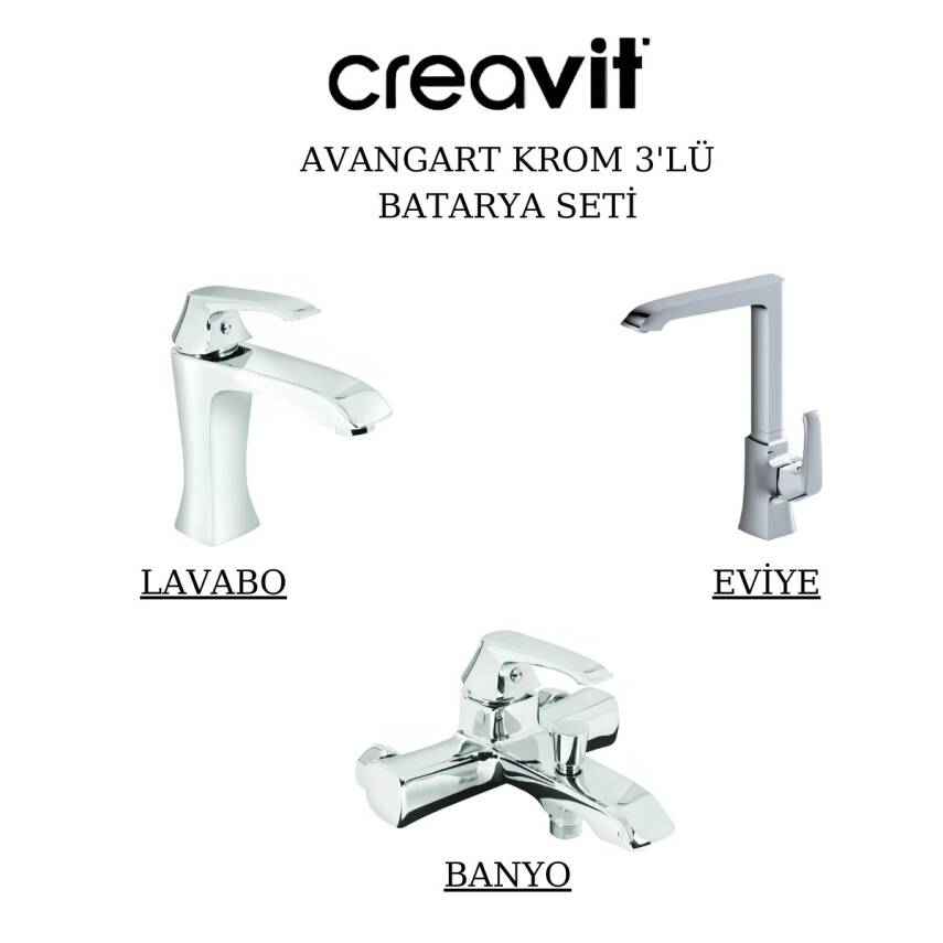 Creavit Avangart Krom Lavabo-Banyo-Eviye Bataryası 3'lü Set AG1500-AG2500-AG8500 - 1