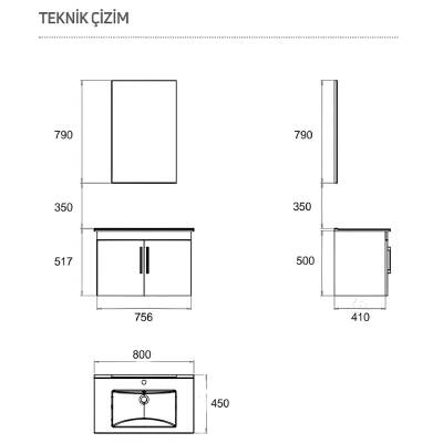 Creavit D20 Banyo Dolabı Seti Çekmeceli 80 Cm Gri - 5