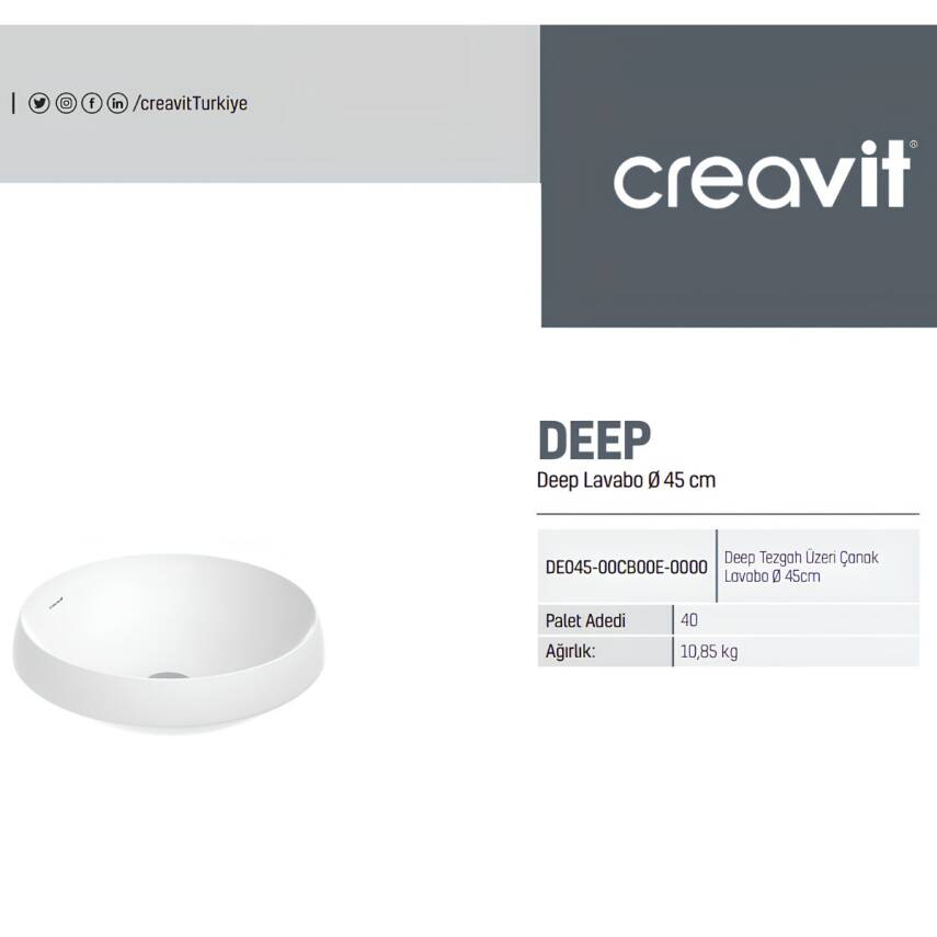 Creavit Deep Oval Tezgâh Üstü Beyaz Batarya Deliksiz Lavabo 45x45 Cm DE045 - 2