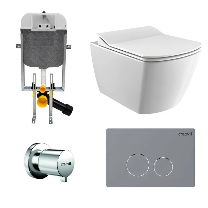 Creavit Elegant Beyaz Kanalsız Asma Klozet EG321, Duroplast Yavaş Kapak, Terra Gömme Rezervuar Set - 1