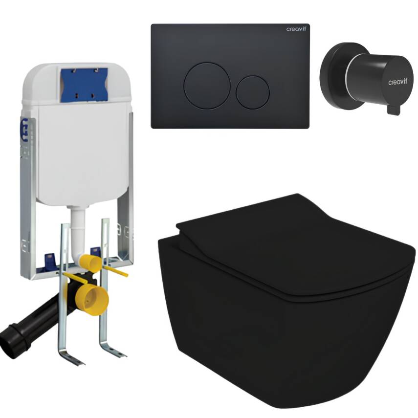 Creavit Elegant Kanalsız Kömür Karası Asma Klozet Set EG321, Creavit Kömür Karası Terra Gömme Rezervuar Seti - 1