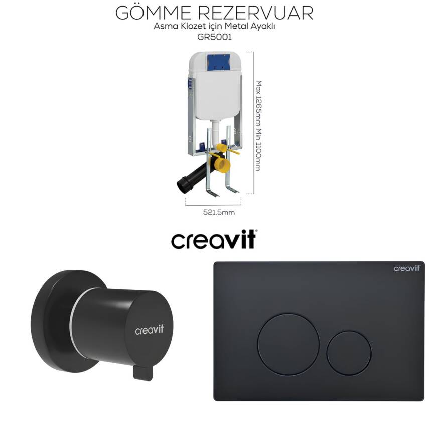 Creavit Elegant Kanalsız Kömür Karası Asma Klozet Set EG321, Creavit Kömür Karası Terra Gömme Rezervuar Seti - 5