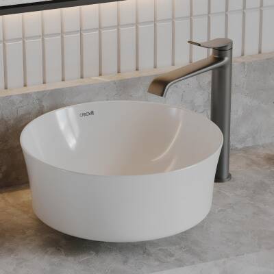 Creavit Fiore Oval Tezgâh Üstü Batarya Deliksiz Beyaz Lavabo 40x40 Cm FI140