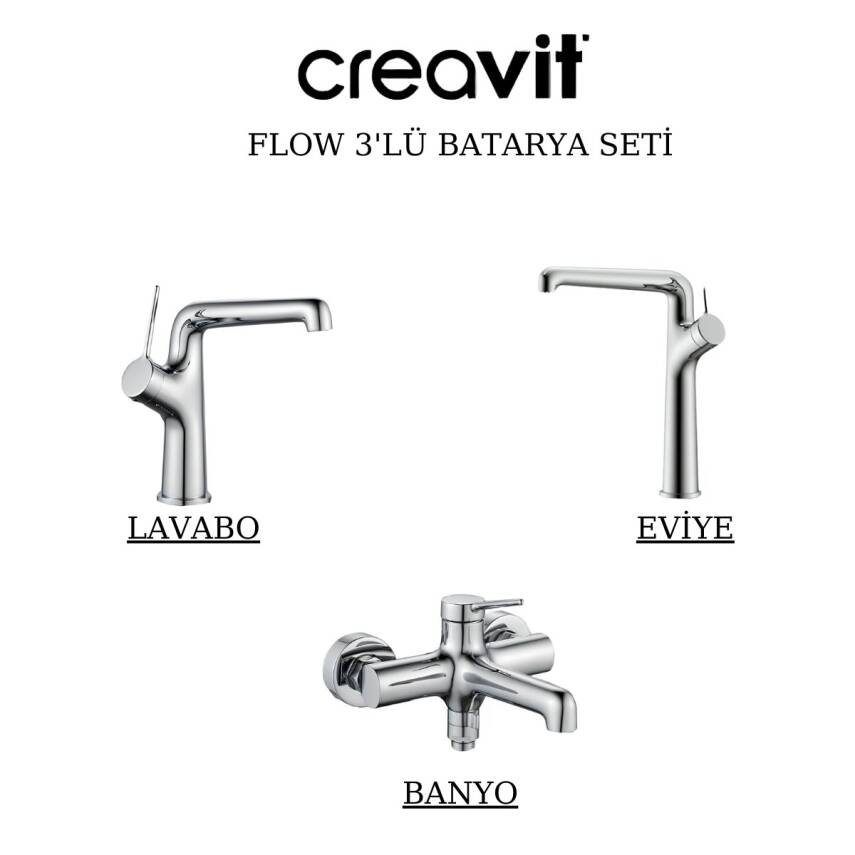 Creavit Flow Krom Lavabo-Banyo-Eviye Bataryası 3'lü Set FL1500-FL2500-FL8500 - 1