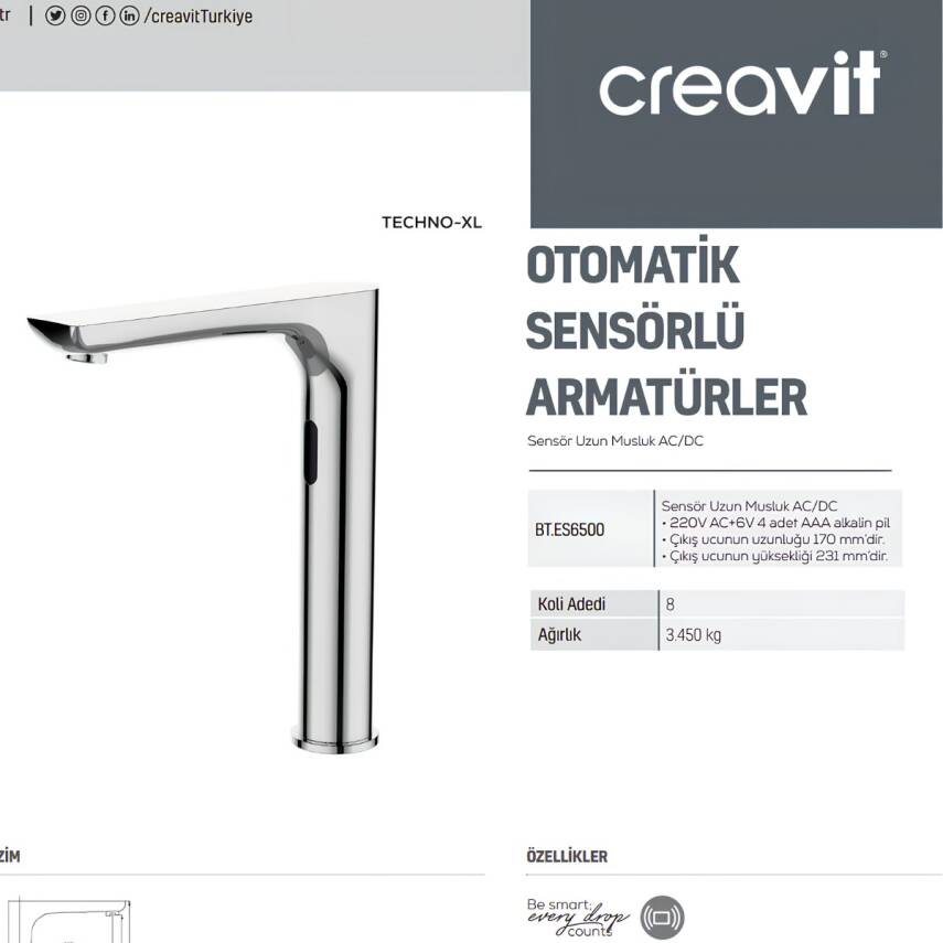 Creavit Fotoselli Uzun Lavabo Bataryası Tek Su Girişli ES6500 - 3