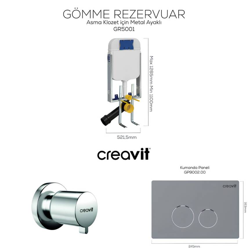 Creavit Free Kanallı Beyaz Asma Klozet FE320, Creavit Terra Gömme Rezervuar Set - 3