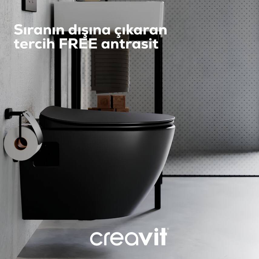 Creavit Free Kanallı Mat Antrasit Asma Klozet FE320-00AM00E, Creavit Duck Duroplast Yavaş Kapak - 1