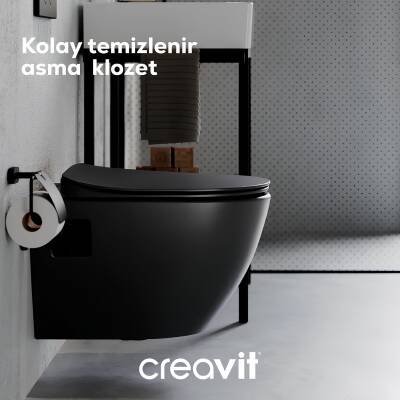 Creavit Free Kanallı Mat Siyah Asma Klozet FE320-00SM00E, Creavit Duck Duroplast Yavaş Kapak 