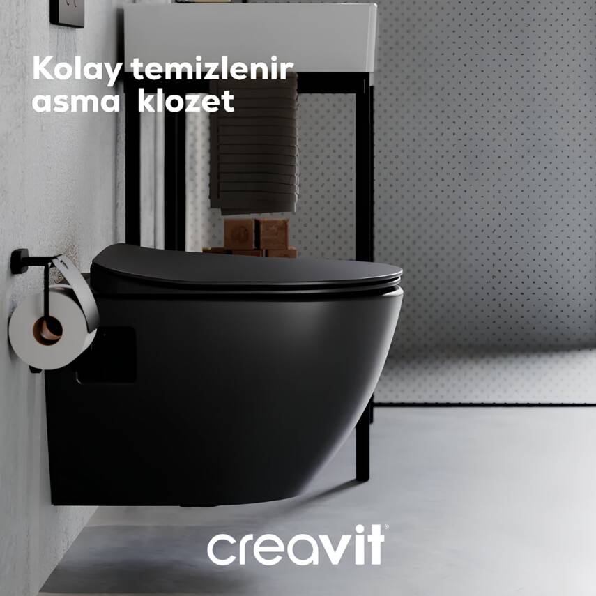 Creavit Free Kanallı Mat Siyah Asma Klozet FE320-00SM00E, Creavit Duck Duroplast Yavaş Kapak - 1