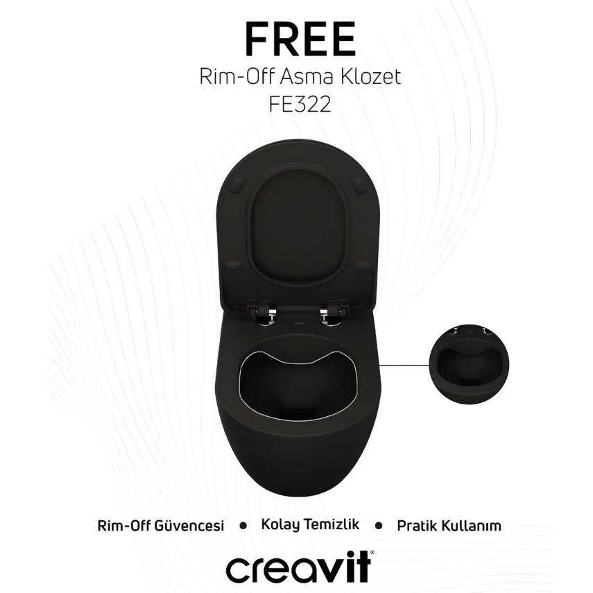 Creavit Free Kanalsız Kömür Karası Asma Klozet FE322, Creavit Free Duck Duroplast Yavaş Kapak - 4