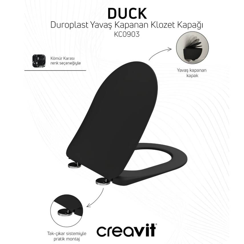 Creavit Free Kanalsız Kömür Karası Asma Klozet FE322, Creavit Free Duck Duroplast Yavaş Kapak - 5