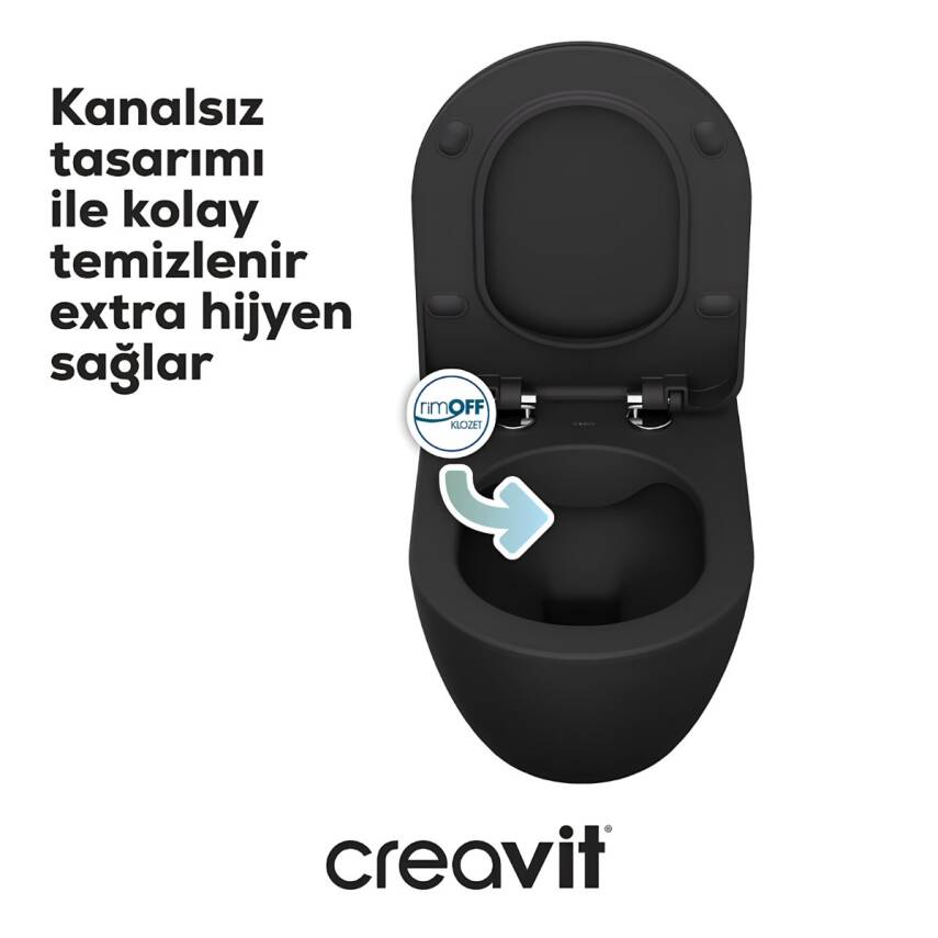 Creavit Free Kanalsız Mat Antrasit Asma Klozet FE322, Creavit Free Duck Duroplast Yavaş Kapak - 3