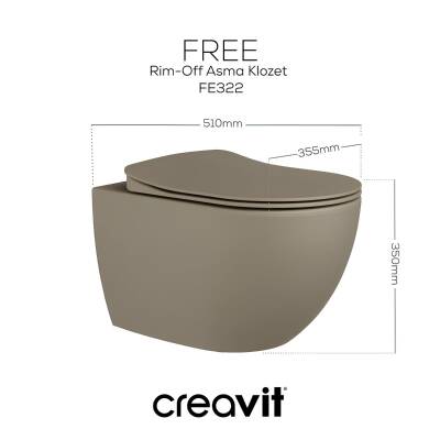 Creavit Free Kanalsız Mat Cappuccino Asma Klozet FE322, Creavit Free Duck Duroplast Yavaş Kapak 