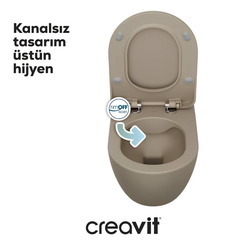 Creavit Free Kanalsız Mat Cappuccino Asma Klozet FE322, Creavit Free Duck Duroplast Yavaş Kapak - 3