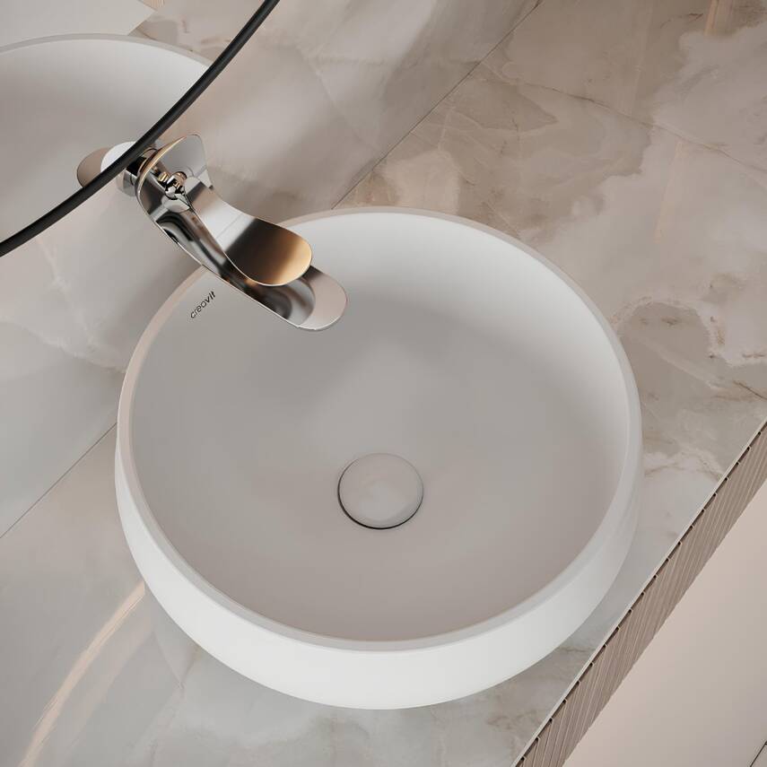 Creavit Gordo Oval Tezgâh Üstü Beyaz Batarya Deliksiz Lavabo 42x42 Cm GO140 - 1