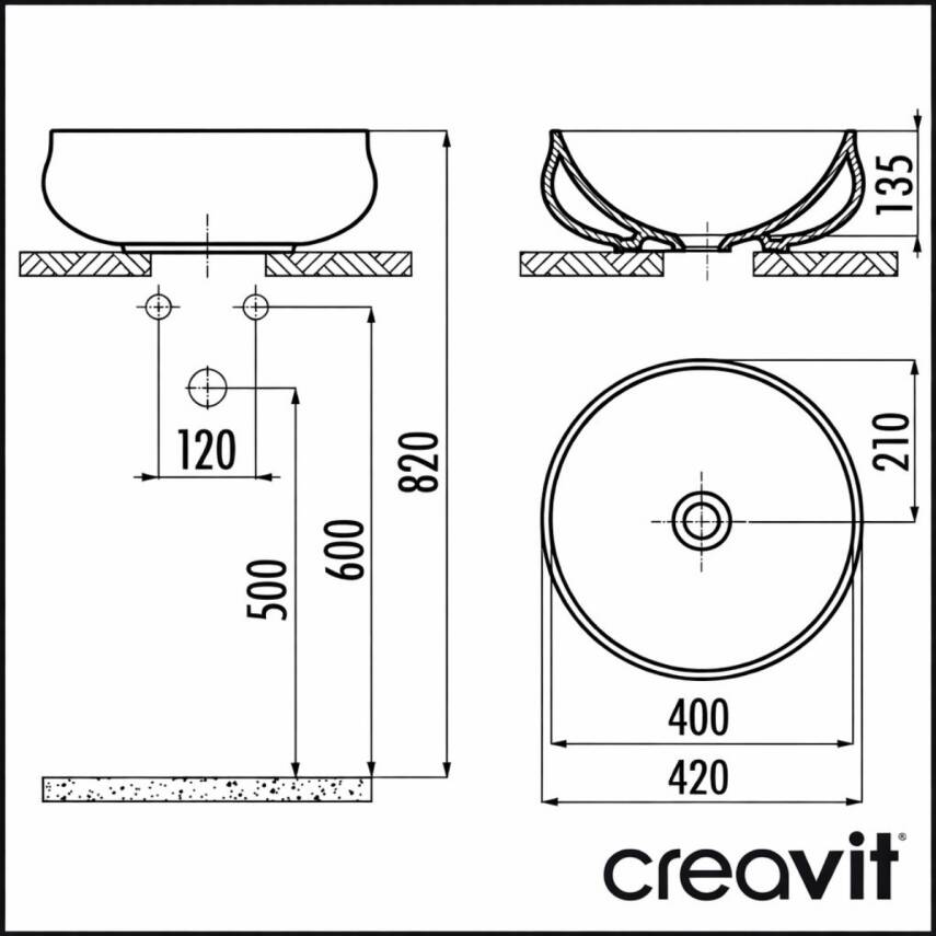 Creavit Gordo Oval Tezgâh Üstü Beyaz Batarya Deliksiz Lavabo 42x42 Cm GO140 - 5