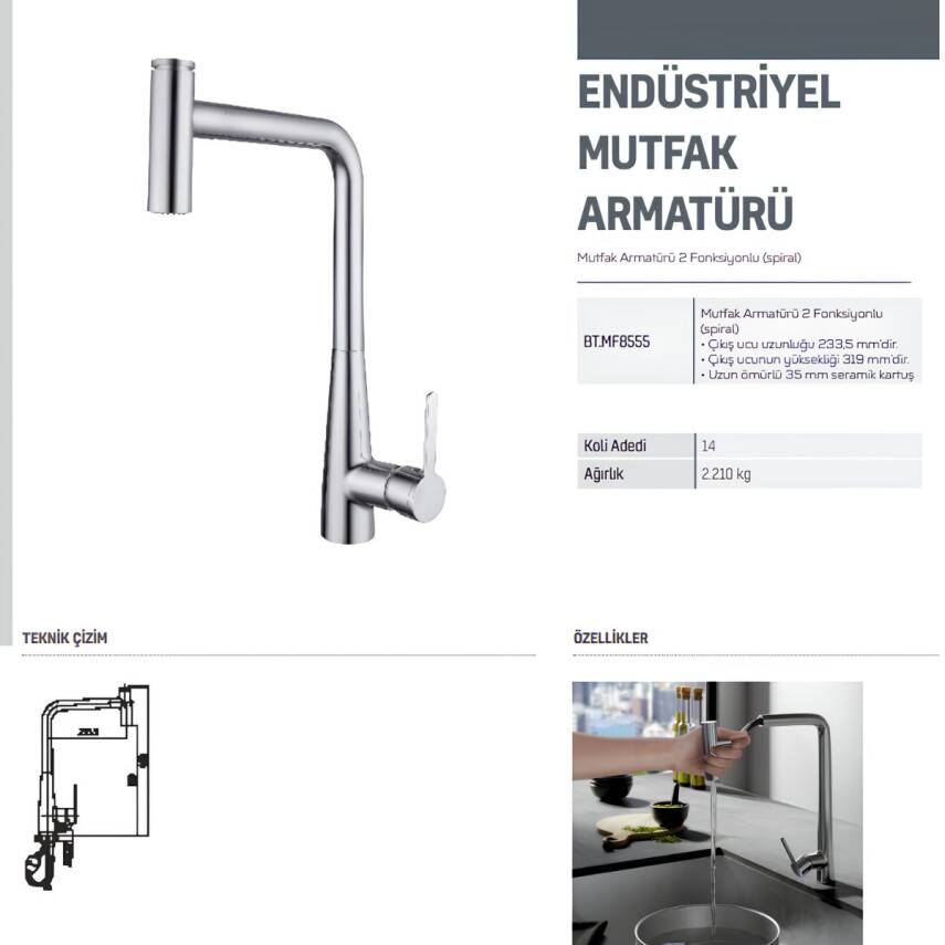 Creavit İki Fonksiyonlu Spiralli Krom Eviye Bataryası MF8555 - 2
