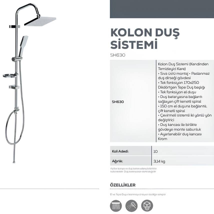 Creavit Liva Banyo Bataryası LV2500 ve Kare Tepe Duş Sistemi SH630 - 4