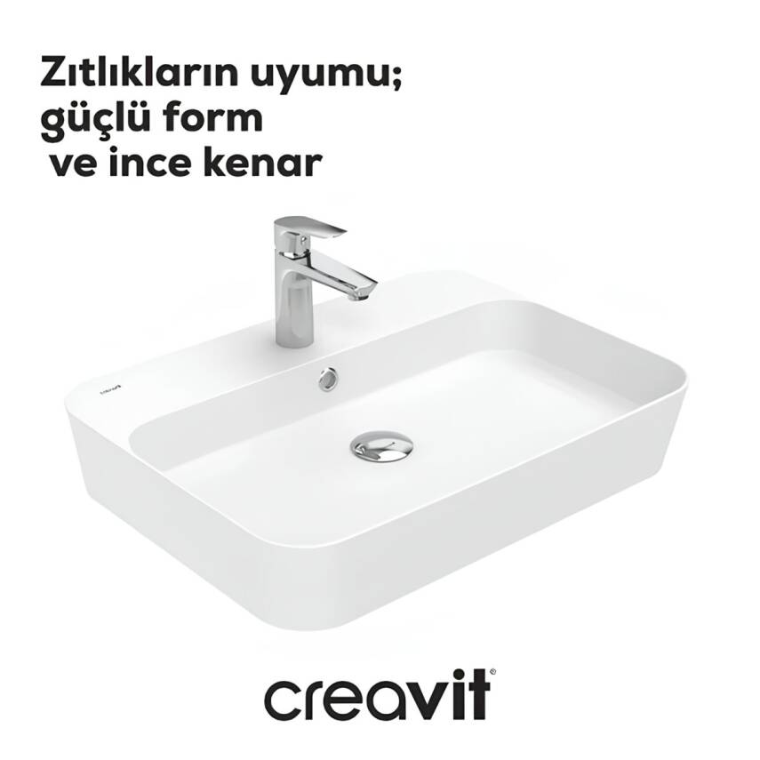 Creavit Loop Dikdörtgen Tezgâh Üstü Batarya Delikli Beyaz Lavabo 60x45 Cm LP061 - 1