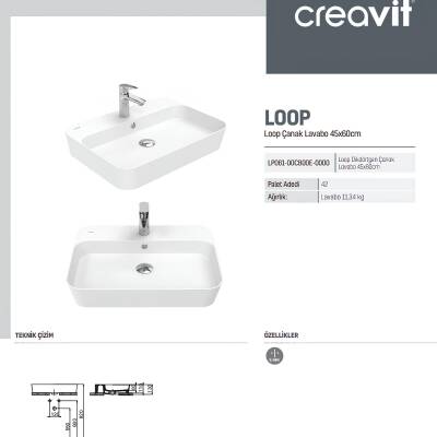 Creavit Loop Dikdörtgen Tezgâh Üstü Batarya Delikli Beyaz Lavabo 60x45 Cm LP061 - 3