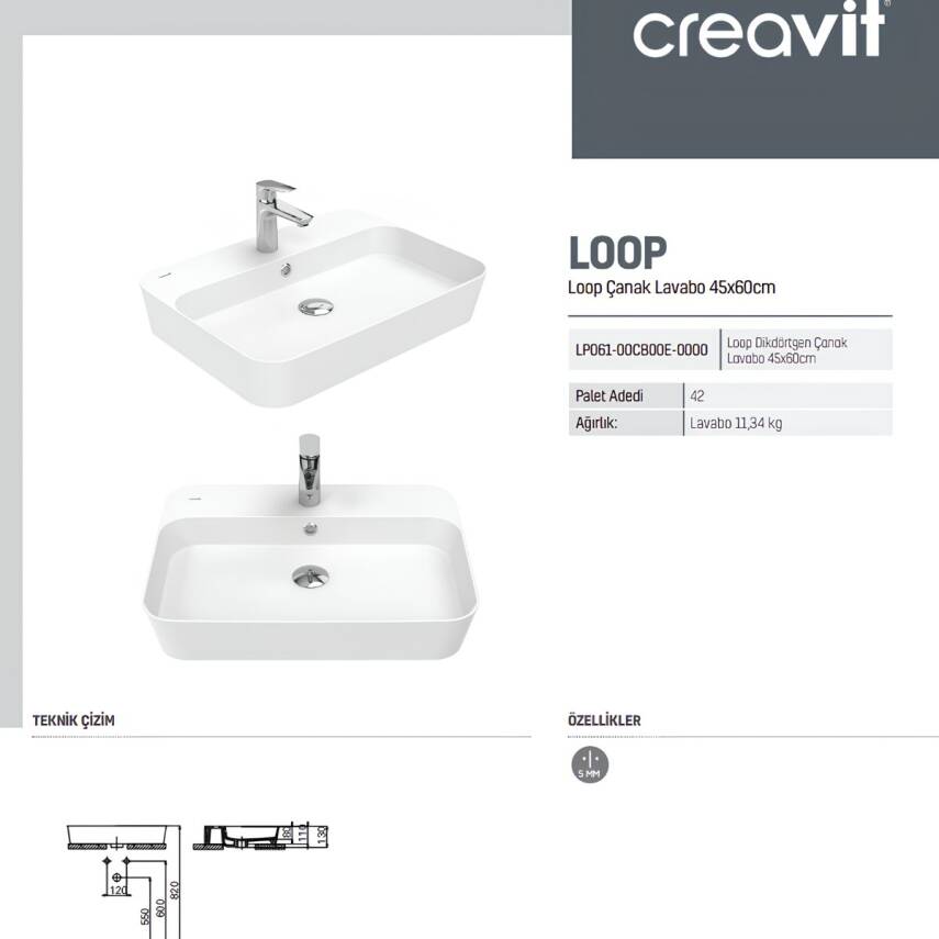 Creavit Loop Dikdörtgen Tezgâh Üstü Batarya Delikli Beyaz Lavabo 60x45 Cm LP061 - 3