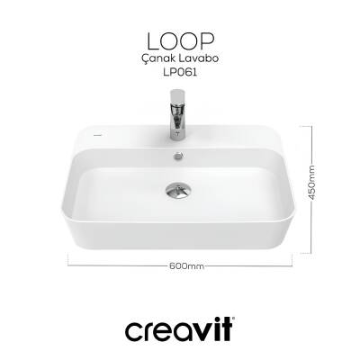 Creavit Loop Dikdörtgen Tezgâh Üstü Batarya Delikli Beyaz Lavabo 60x45 Cm LP061 - 4