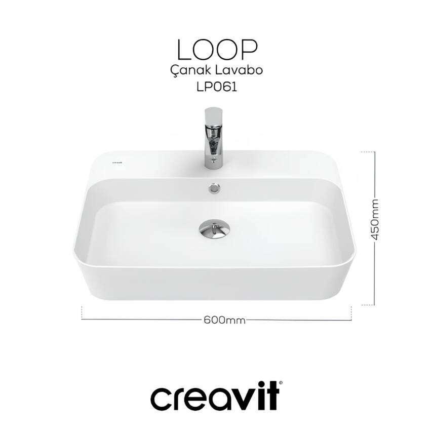 Creavit Loop Dikdörtgen Tezgâh Üstü Batarya Delikli Beyaz Lavabo 60x45 Cm LP061 - 4