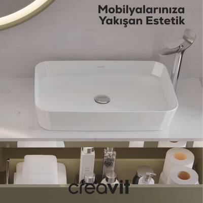 Creavit Loop Dikdörtgen Tezgâh Üstü Batarya Deliksiz Beyaz Lavabo 60x40 Cm LP060 - 2