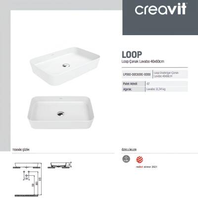 Creavit Loop Dikdörtgen Tezgâh Üstü Batarya Deliksiz Beyaz Lavabo 60x40 Cm LP060 - 4