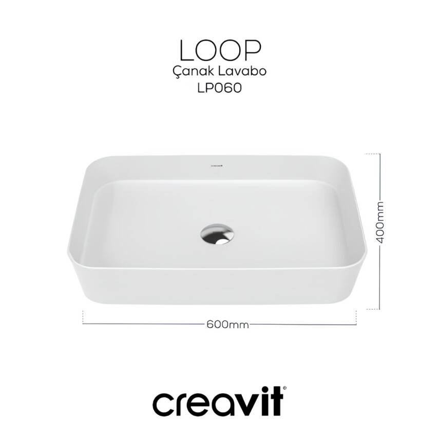 Creavit Loop Dikdörtgen Tezgâh Üstü Batarya Deliksiz Beyaz Lavabo 60x40 Cm LP060 - 5