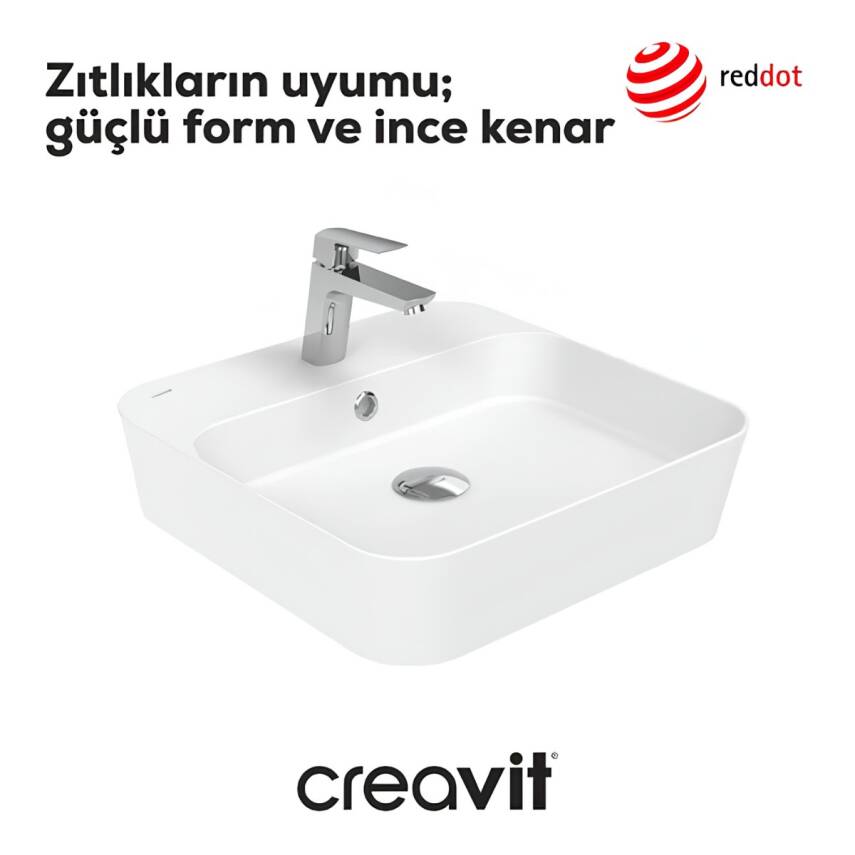 Creavit Loop Kare Tezgâh Üstü Batarya Delikli Beyaz Lavabo 45x45 Cm LP046 - 1
