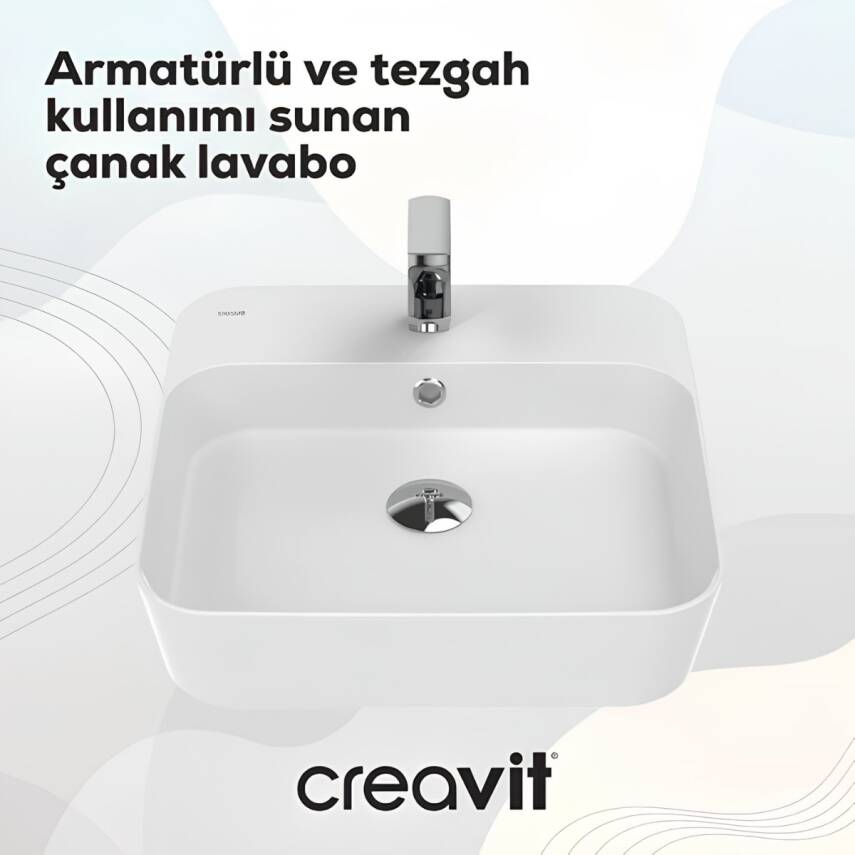 Creavit Loop Kare Tezgâh Üstü Batarya Delikli Beyaz Lavabo 45x45 Cm LP046 - 2